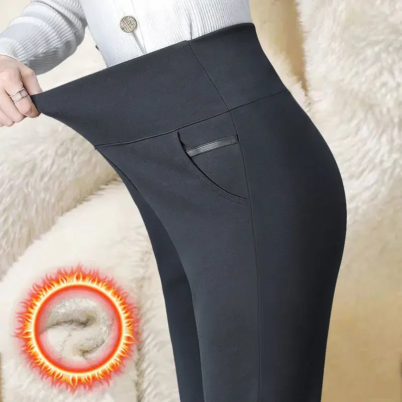 Women Winter Warm Pants Velvet Thick Trousers High Waist Elastic Middle Aged Mother Stretch Straight  5XL Pantalones